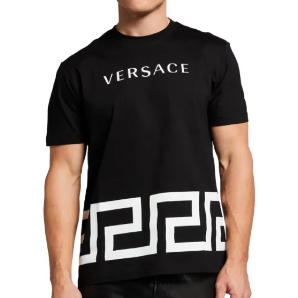 Authentic Versace Mens Black Tee with White Geometric Pattern (M)
